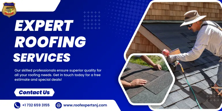 Expert roofing services banner showing professional installing roof shingles with contact number and website for free estimate